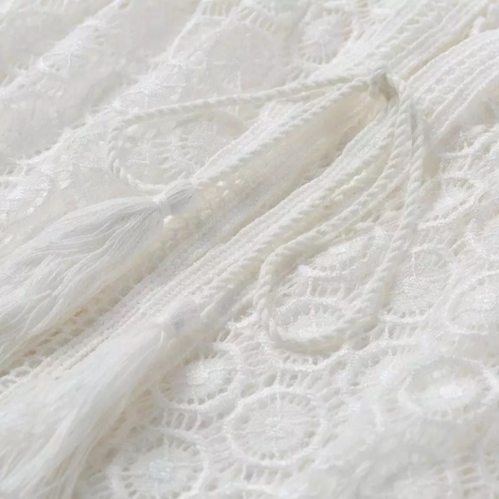 CLEARANCE White Boho Pompom Crochet Coverup Kimono Wrap - Picture 6 of 7